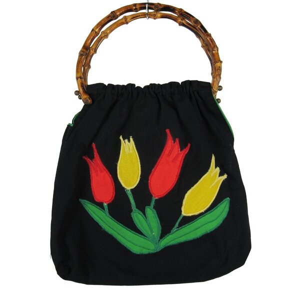 Vintage Handbags - Vintage Tulip Appliqué Bamboo Handle Blue & Green Fabric Handbag Spring 80's